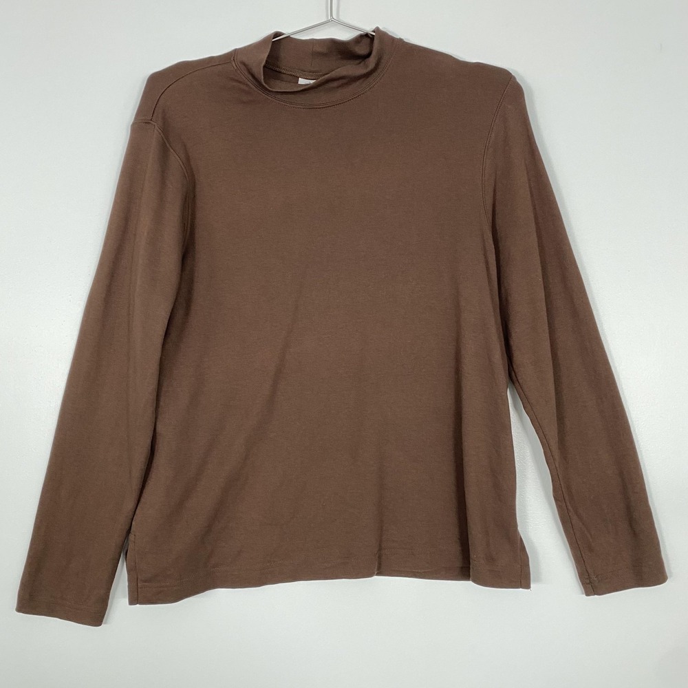 Peruvian Connection Shirt Womens Medium Brown Pima Cotton Mock Neck Long Sleeve